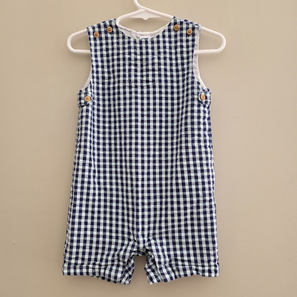 Janie And Jack Plaid Check 18-24 mos Navy Pastel Green Romper Nautical Spring